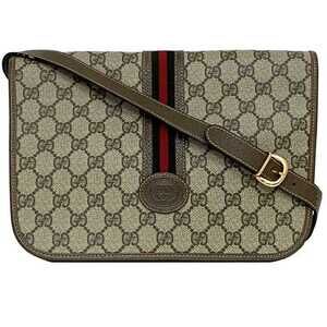 Gucci Shoulder Bag Brown Sherry Leather Crossbody Flap GG All over Logo Retro